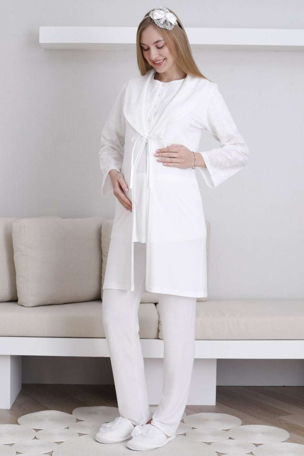 Embroidered 3-Piece Maternity-Nursing Pajama & Robe Set Ecru - 3438