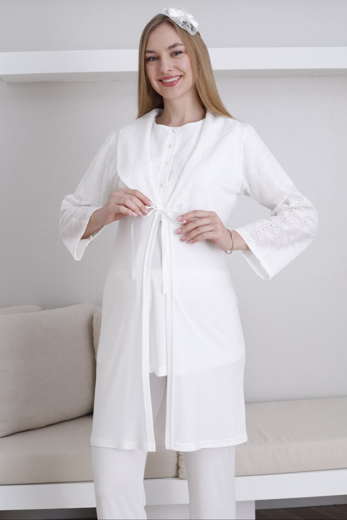 Embroidered 3-Piece Maternity-Nursing Pajama & Robe Set Ecru - 3438