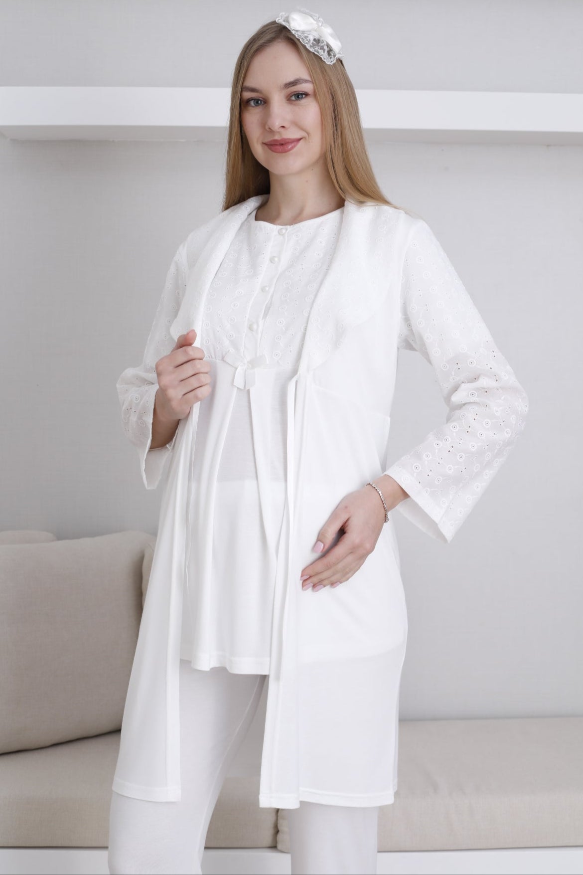 Embroidered 3-Piece Maternity-Nursing Pajama & Robe Set Ecru - 3438