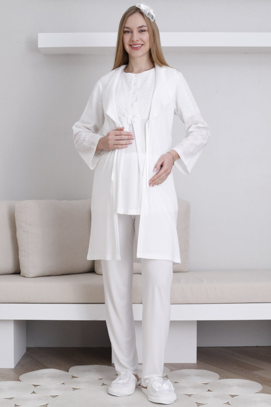 Embroidered 3-Piece Maternity-Nursing Pajama & Robe Set Ecru - 3438