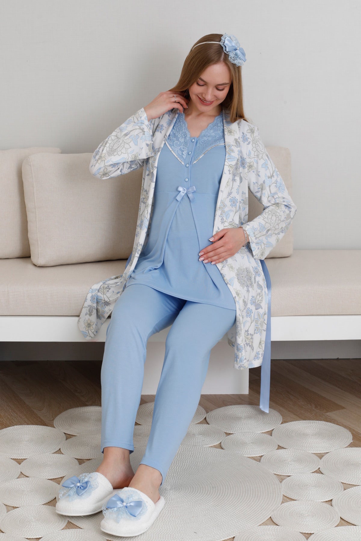 Lace Collar 3-Piece Maternity-Nursing Pajama & Patterned Robe Set Blue - 3440