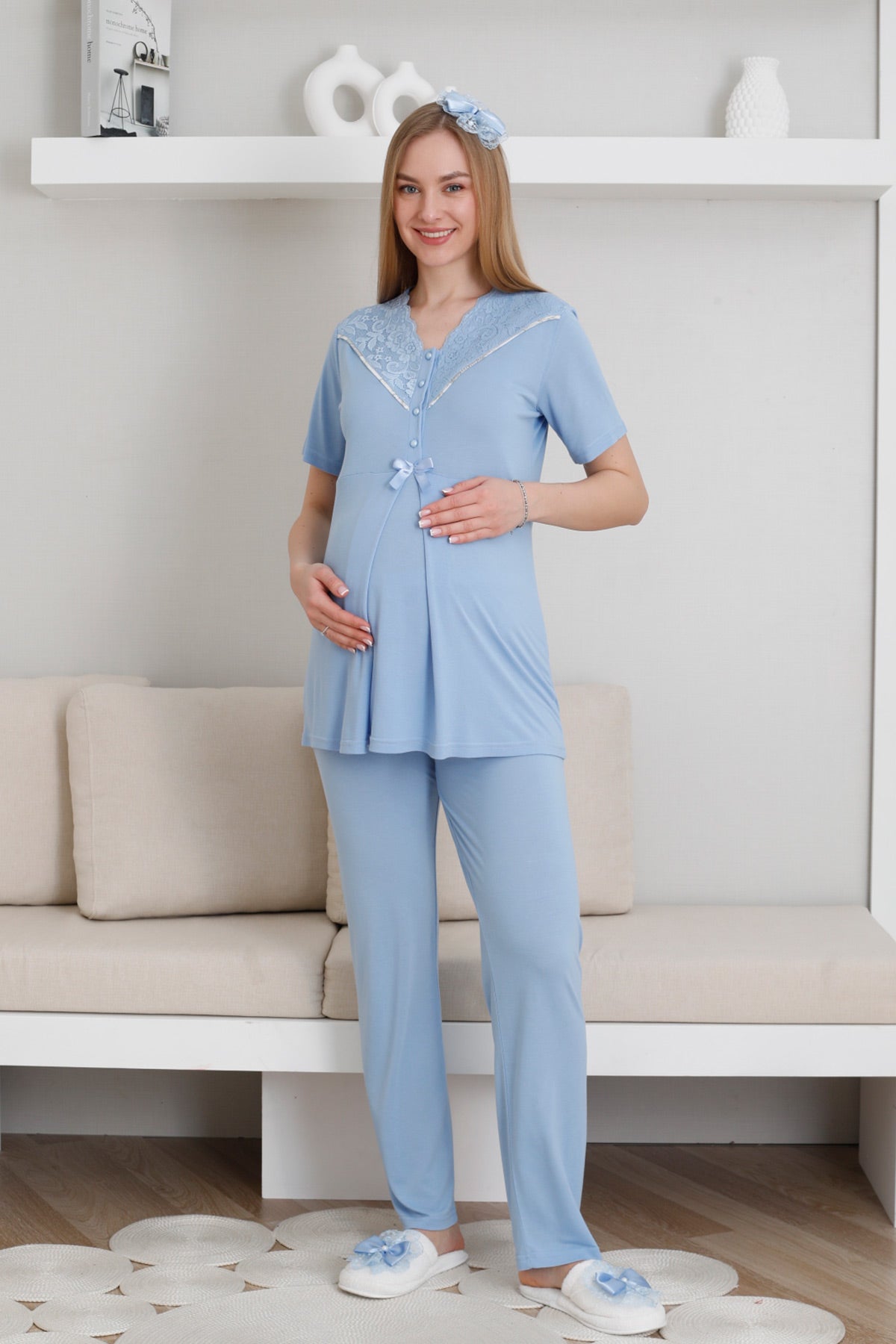 Lace Collar 3-Piece Maternity-Nursing Pajama & Patterned Robe Set Blue - 3440