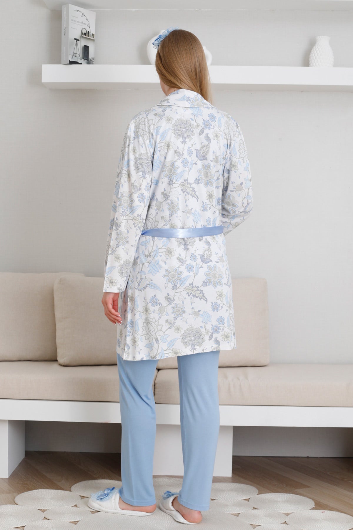 Lace Collar 3-Piece Maternity-Nursing Pajama & Patterned Robe Set Blue - 3440