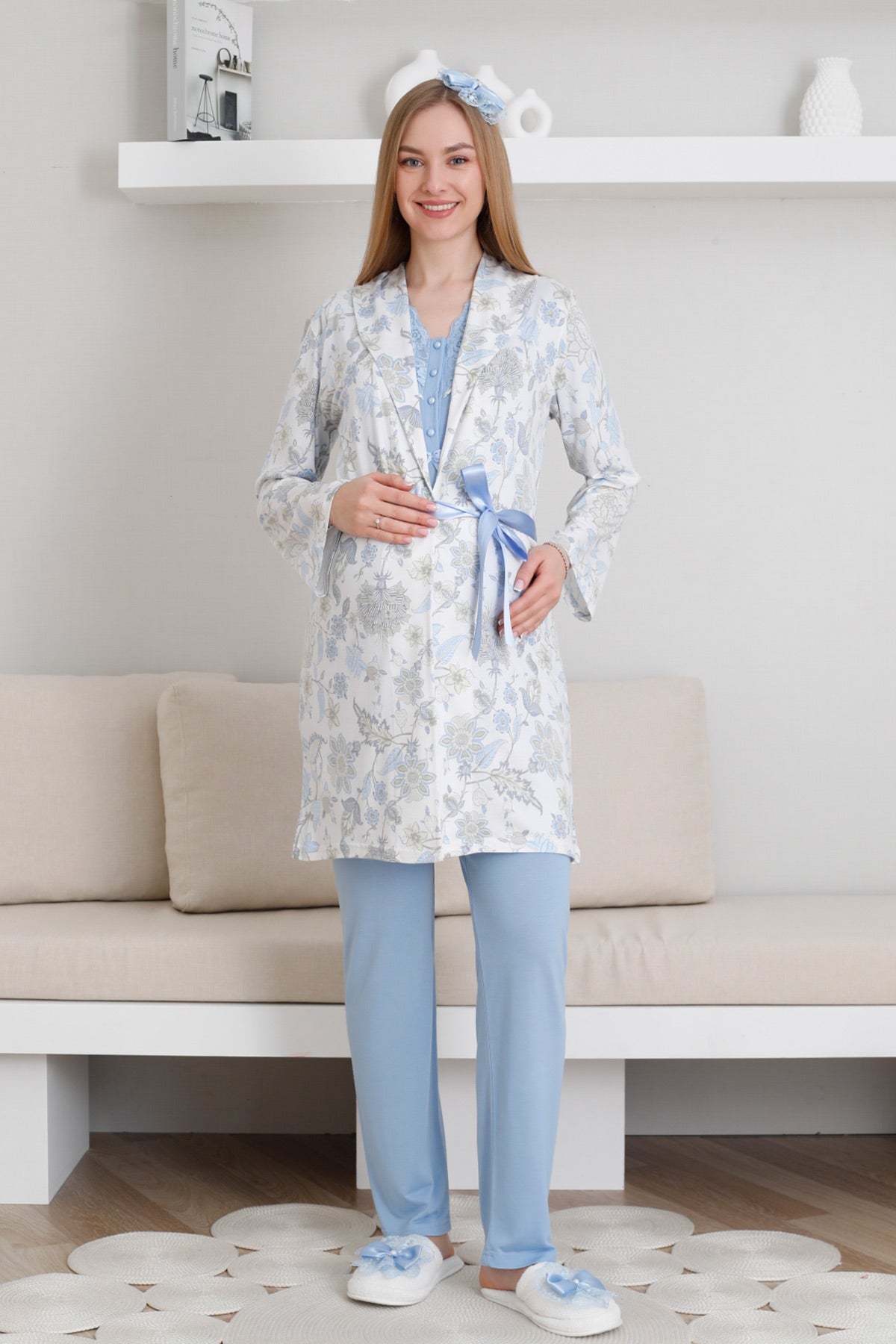 Lace Collar 3-Piece Maternity-Nursing Pajama & Patterned Robe Set Blue - 3440