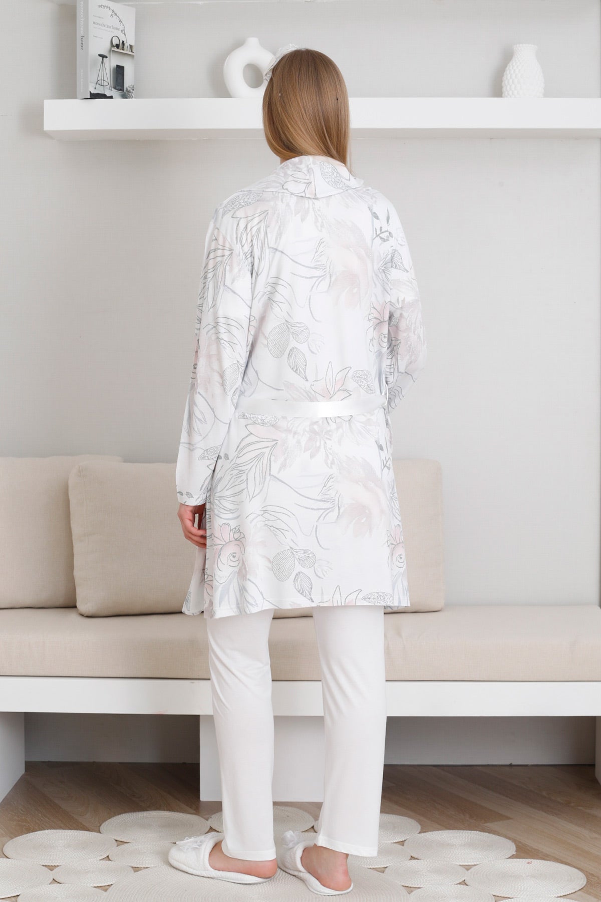 Lace Collar 3-Piece Maternity-Nursing Pajama & Patterned Robe Set Ecru - 3440