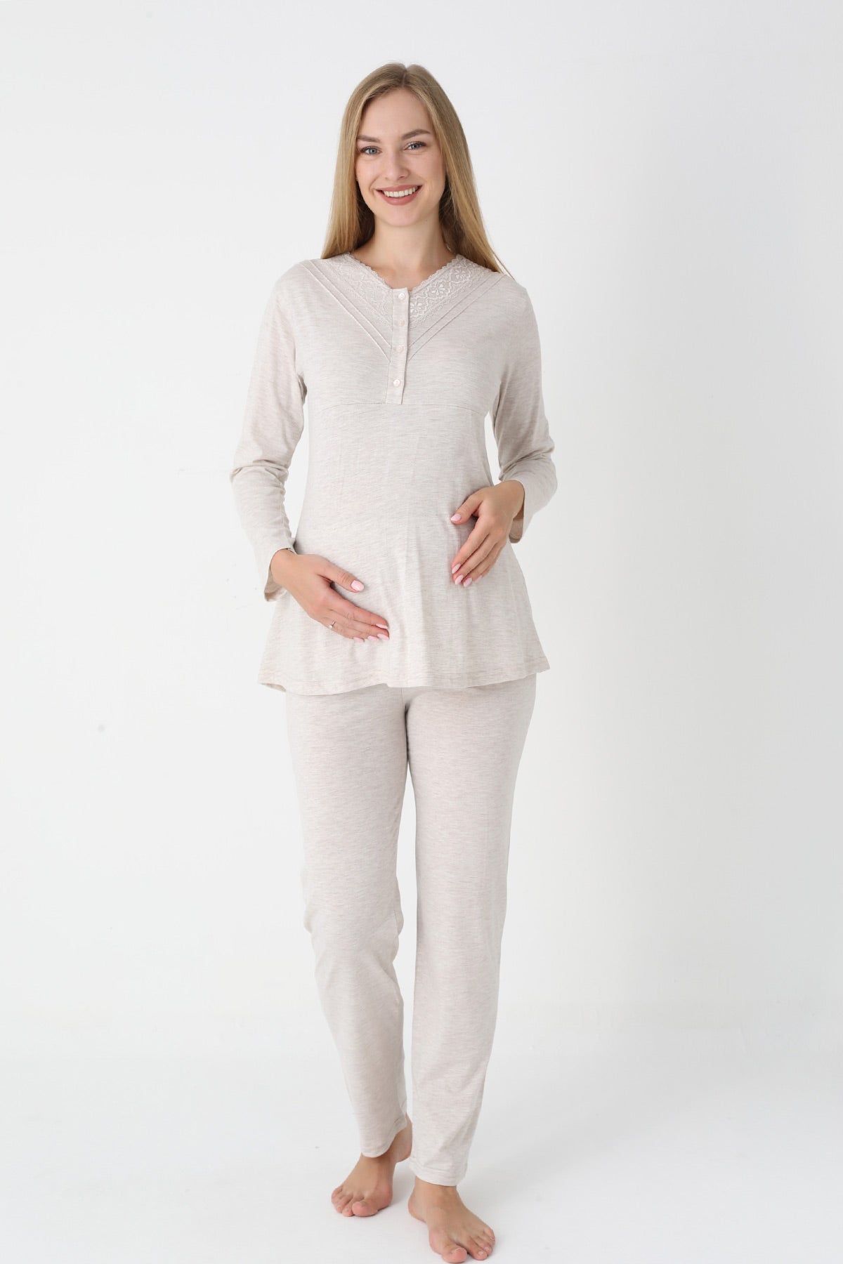 Lace Collar 3-Piece Maternity-Nursing Pajama & Flower Patterned Robe Set Mink - 3452