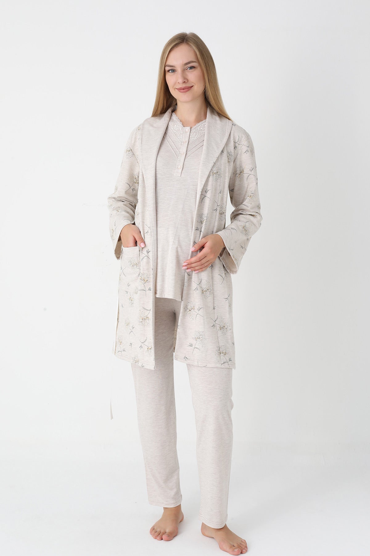 Lace Collar 3-Piece Maternity-Nursing Pajama & Flower Patterned Robe Set Mink - 3452