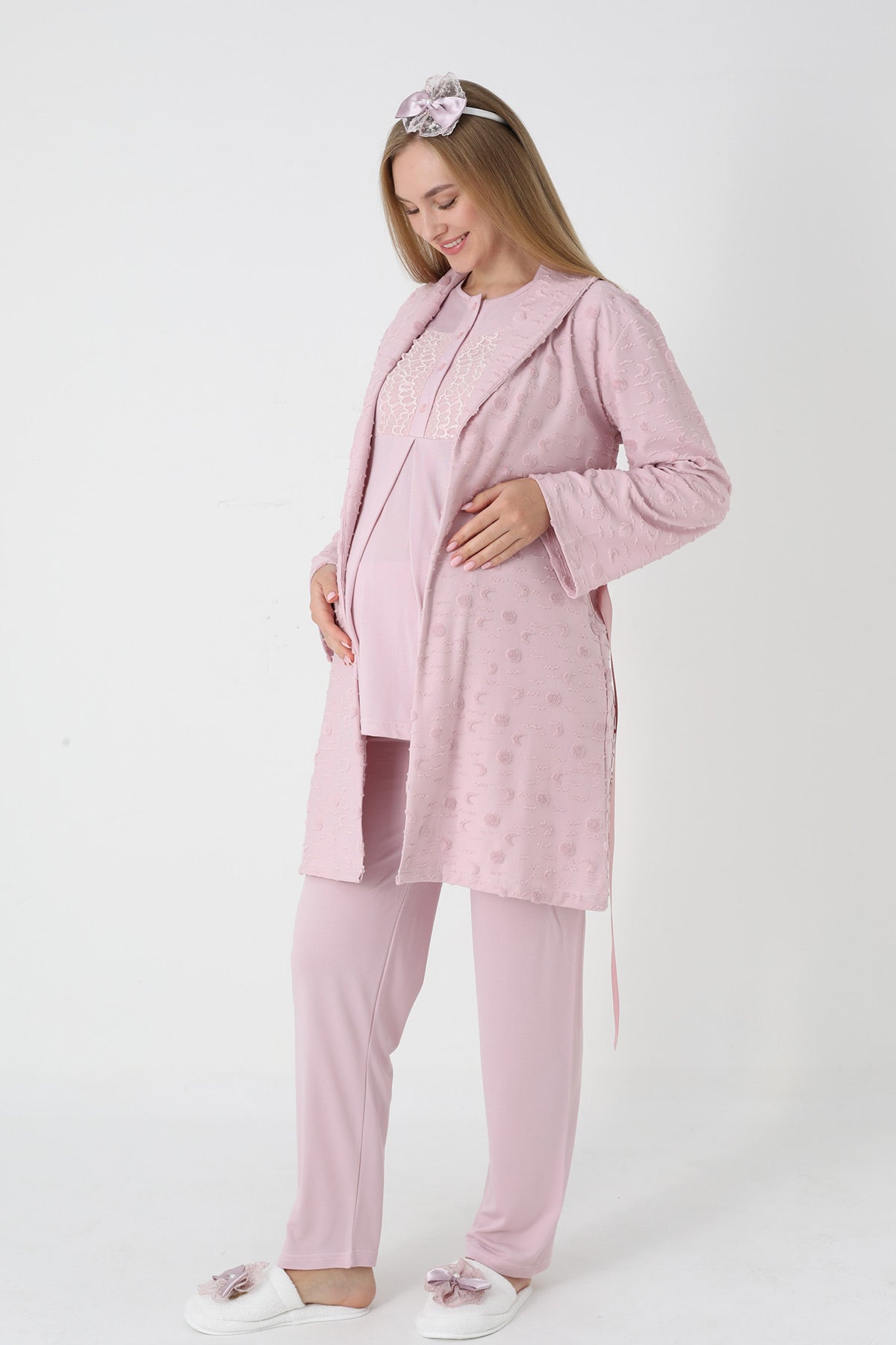 Lace Collar 3-Piece Maternity-Nursing Pajama & Polka Dot Jacquard Robe Set Powder - 3454