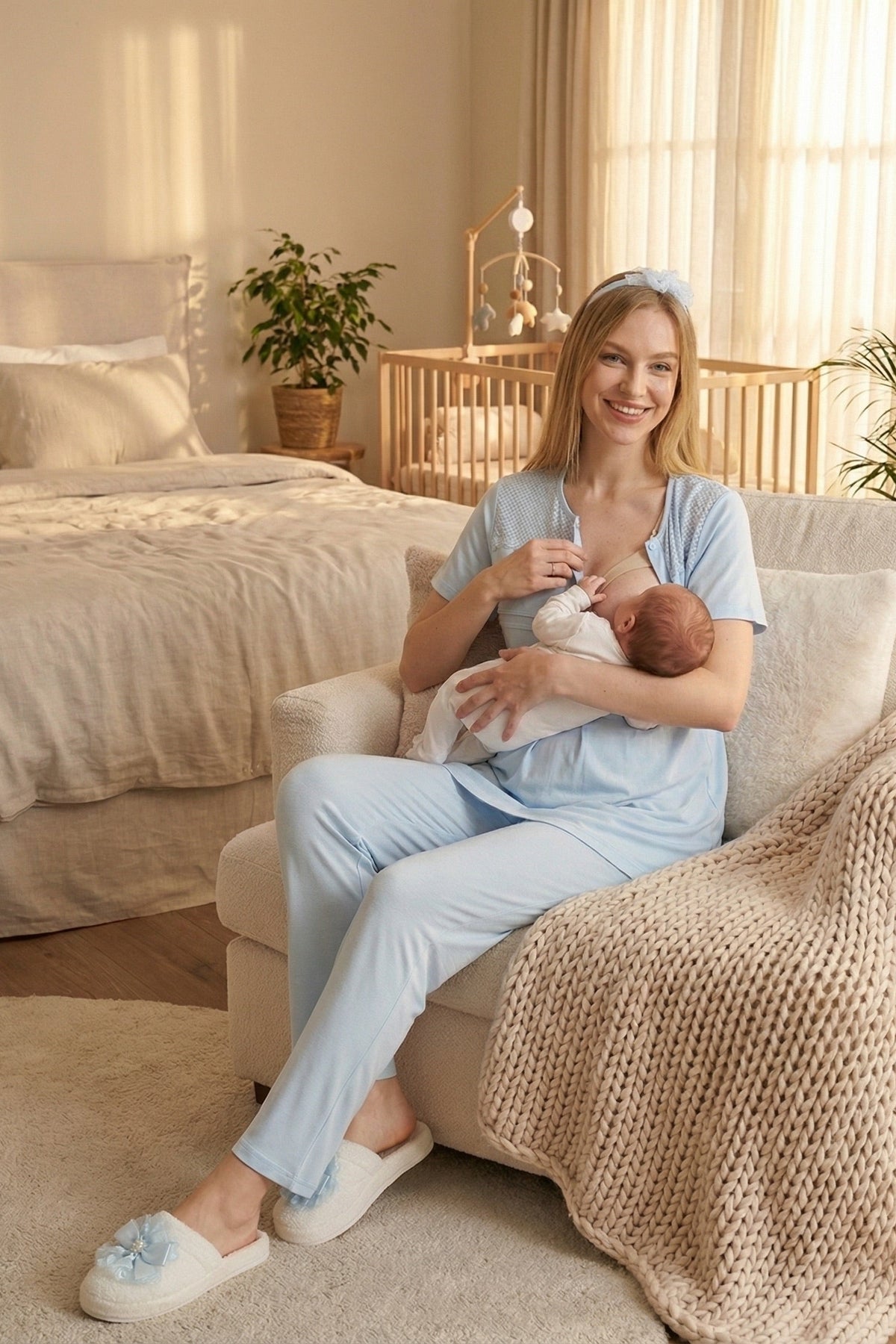 Lace Collar 3-Piece Maternity-Nursing Pajama & Patterned Robe Set Blue - 3460