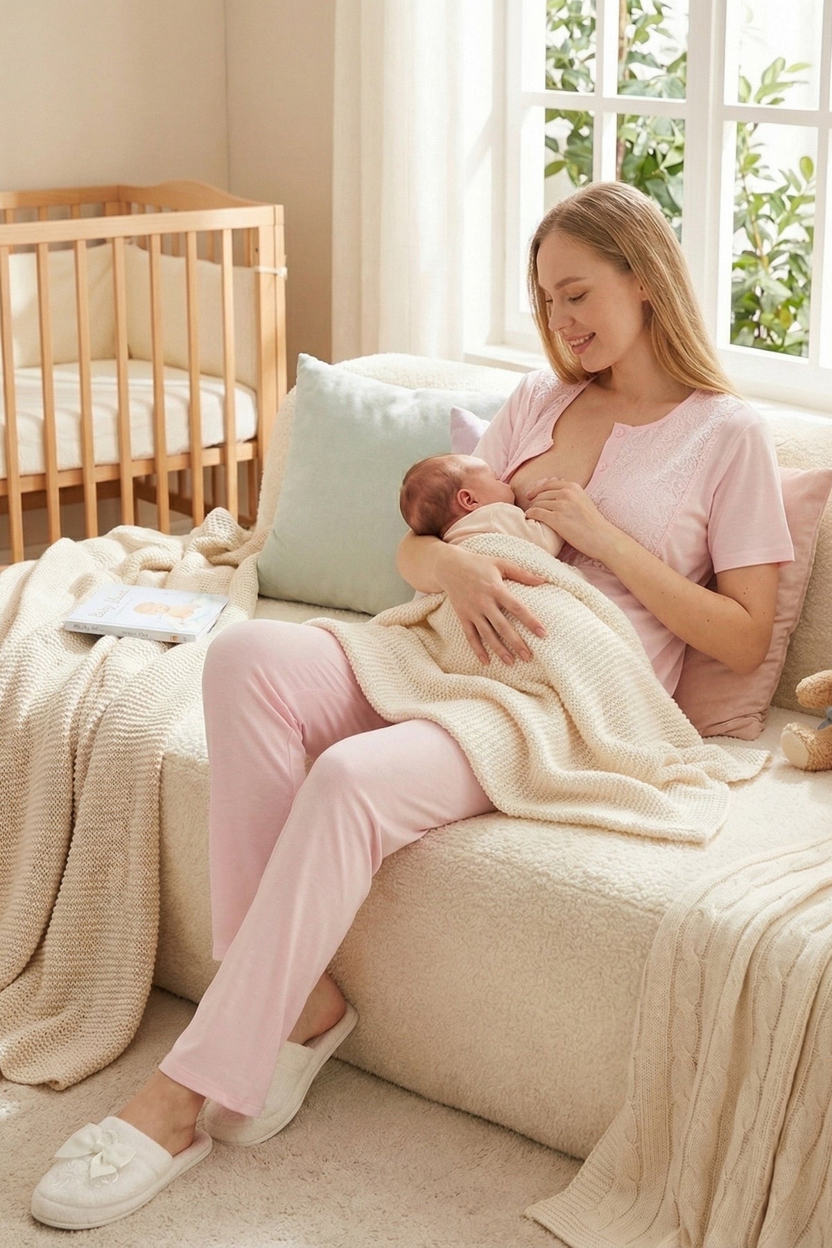 Guipure Collar 3-Piece Maternity-Nursing Pajama & Ribbed Robe Set Pink - 3461