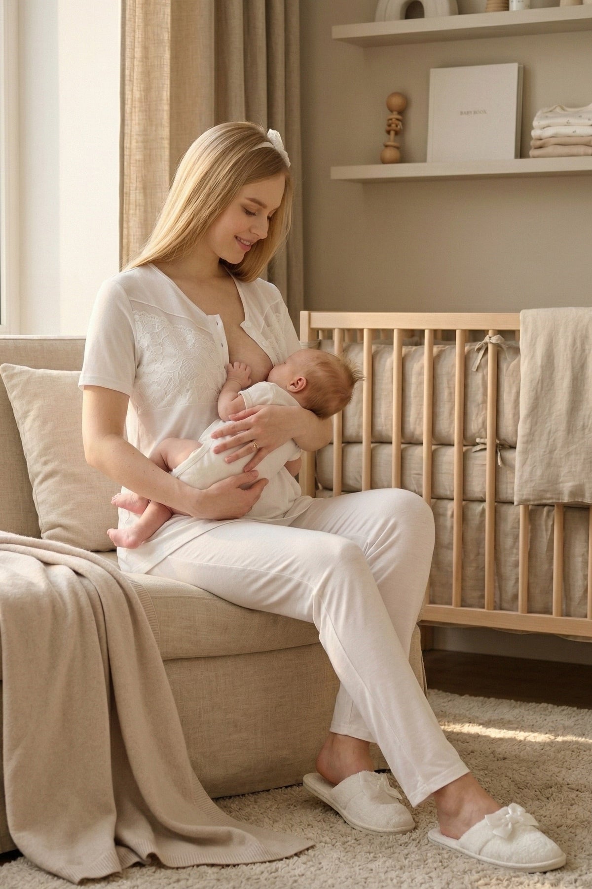 Guipure 3-Piece Maternity-Nursing Pajama & Patterned Robe Set Ecru/Green - 3466