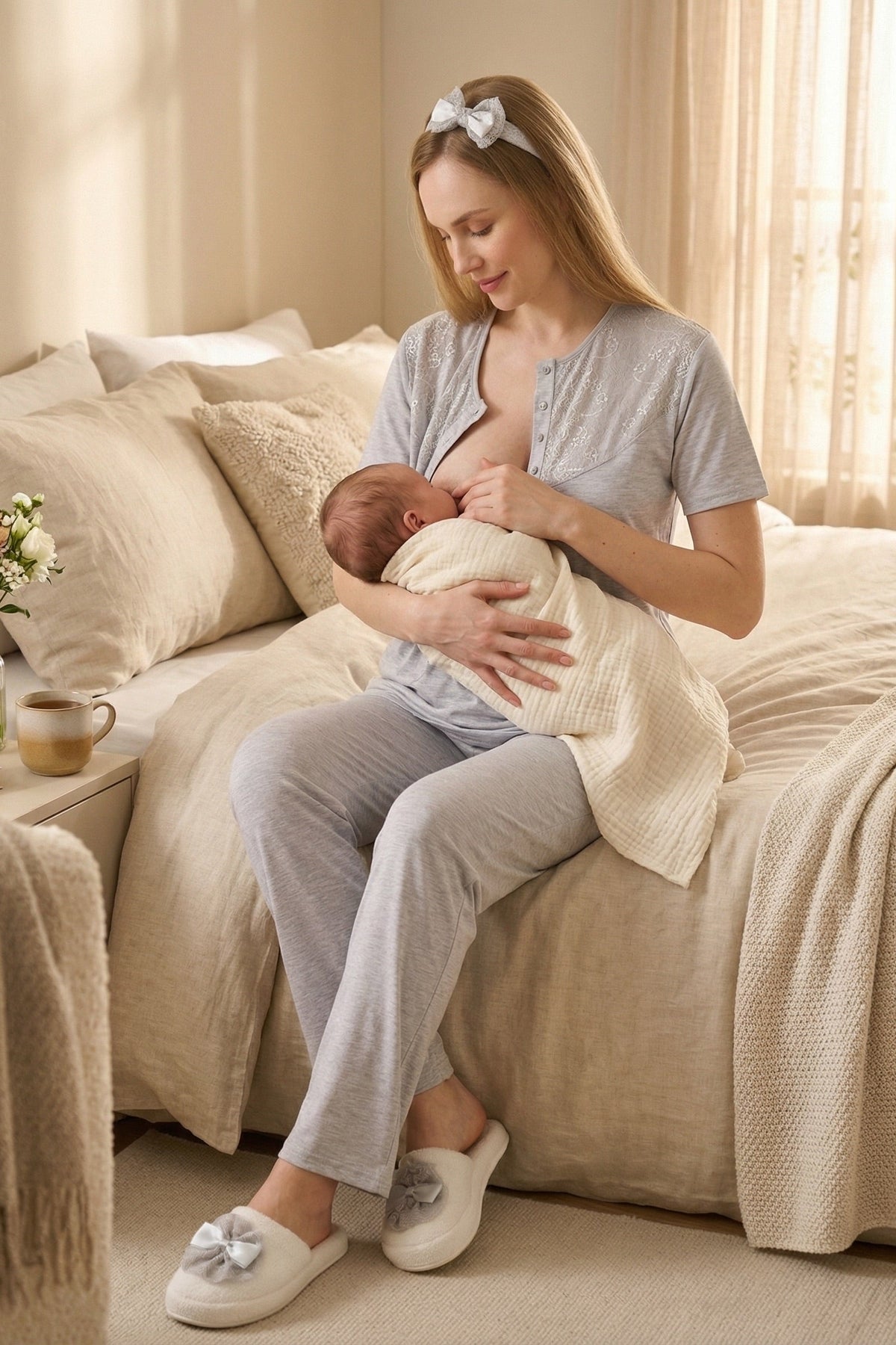 Lace Collar 3-Piece Maternity-Nursing Pajama & Flower Patterned Robe Set Grey - 3471