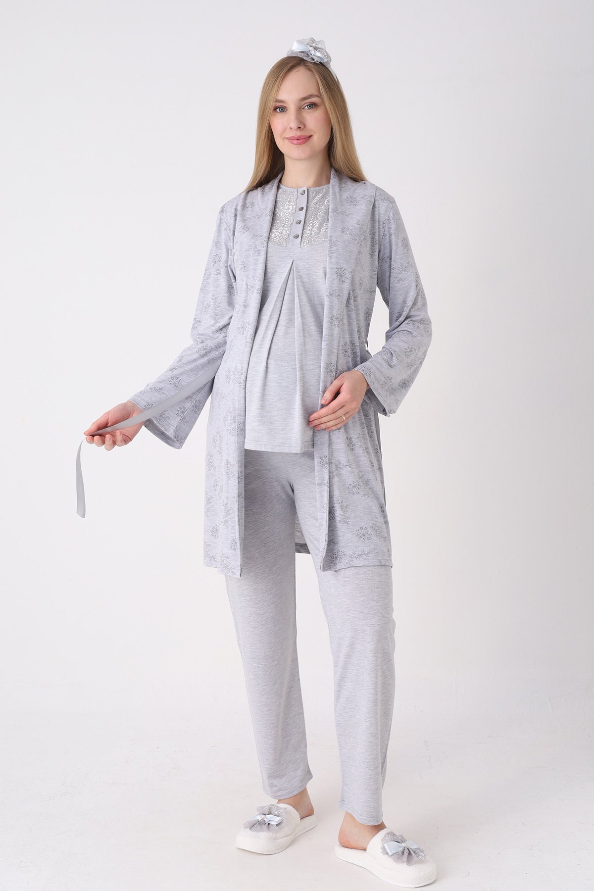 Lace Collar 3-Piece Maternity-Nursing Pajama & Flower Patterned Robe Set Grey - 3471