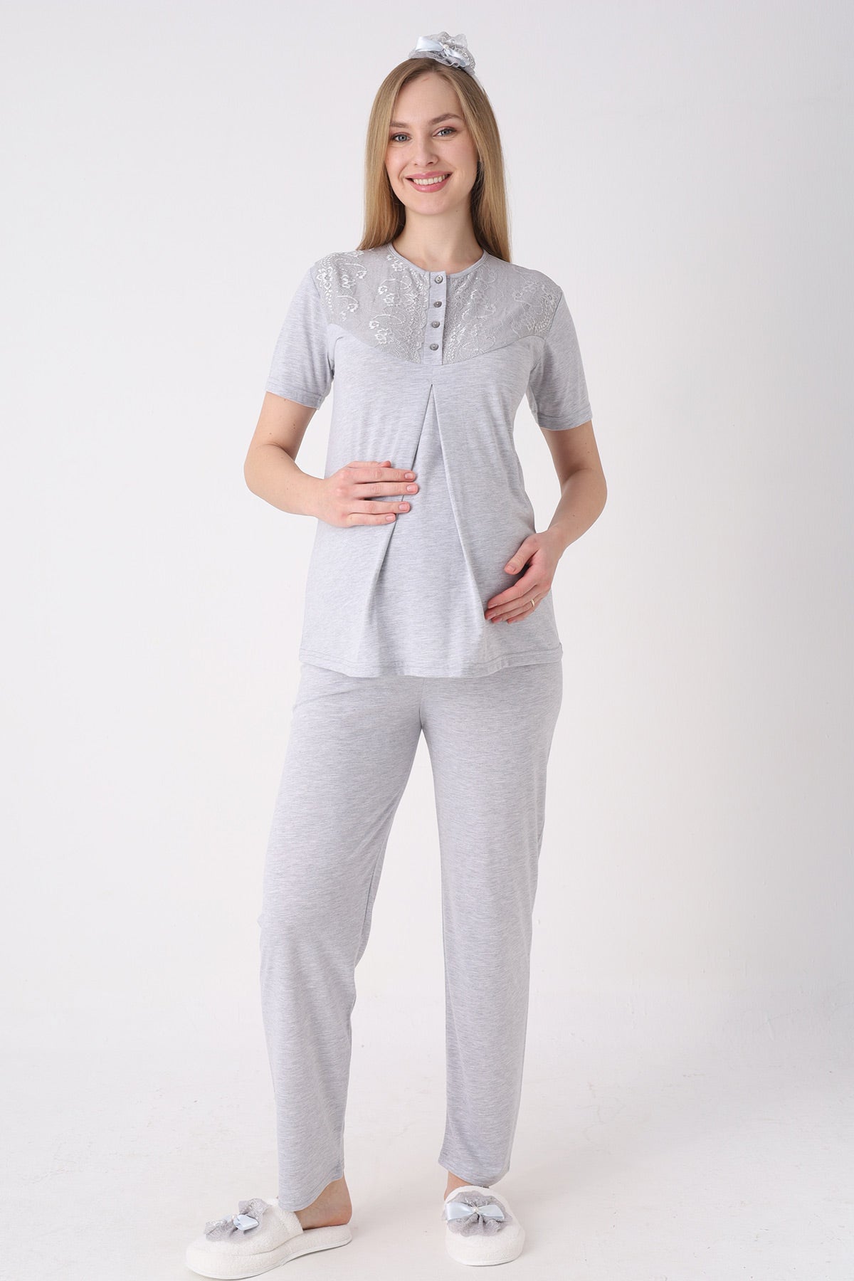 Lace Collar 3-Piece Maternity-Nursing Pajama & Flower Patterned Robe Set Grey - 3471