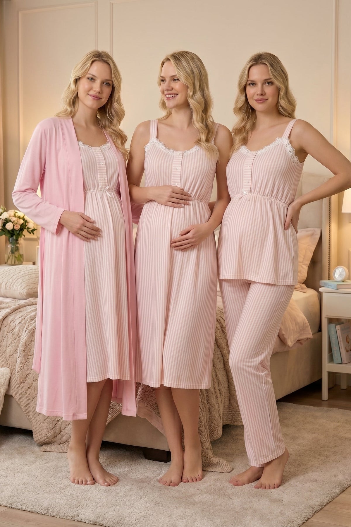 Lace Collar Striped 4-Piece Maternity-Nursing Set Powder - 4096