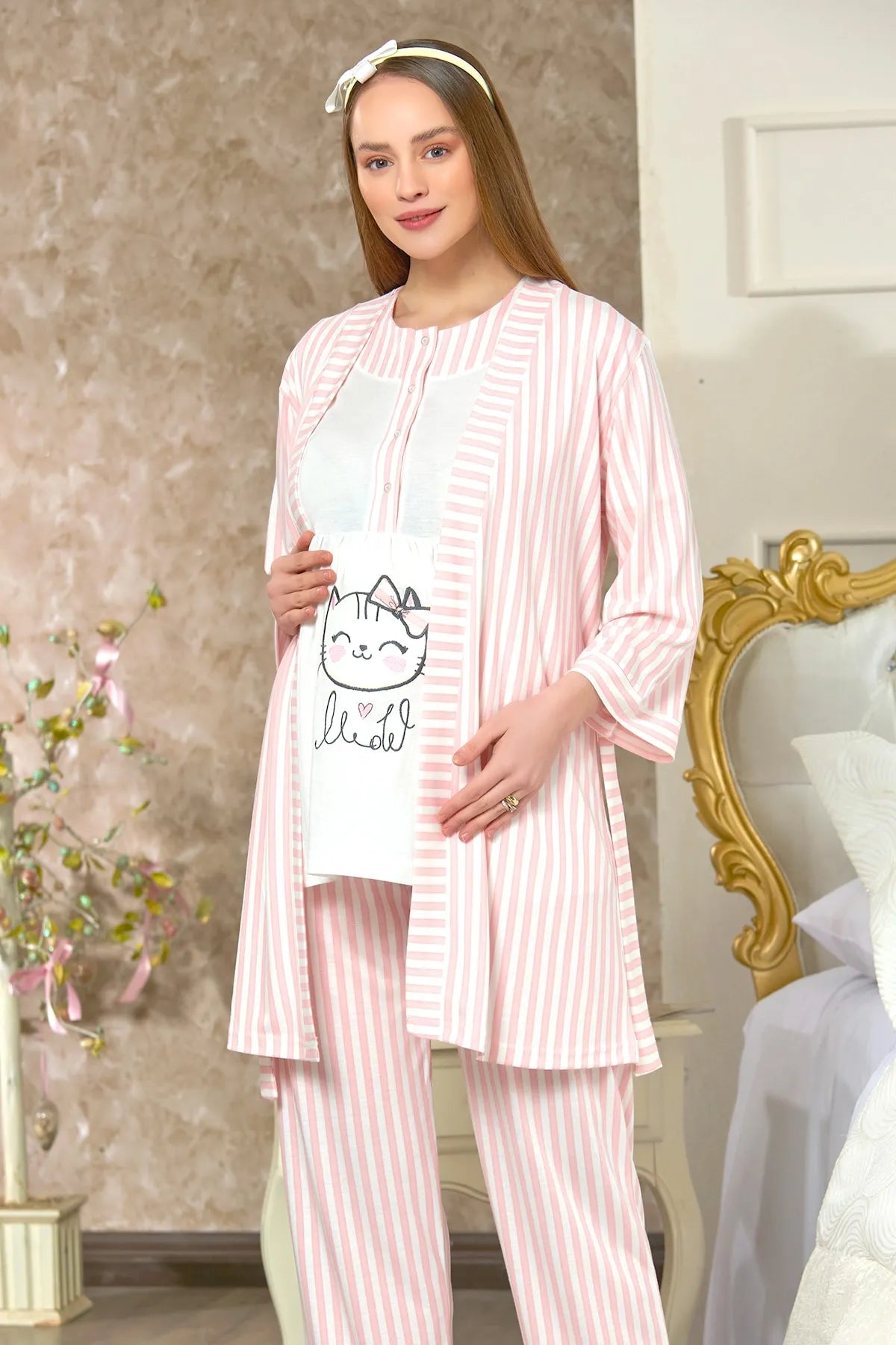 Kitty Pattern 3-Piece Maternity-Nursing Pajama & Robe Set Ecru - 4123