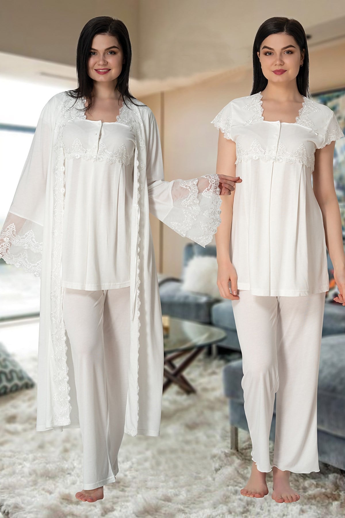 Lace Collar 3-Piece Maternity-Nursing Pajama & Lace Detailed Robe Set Ecru - 5011