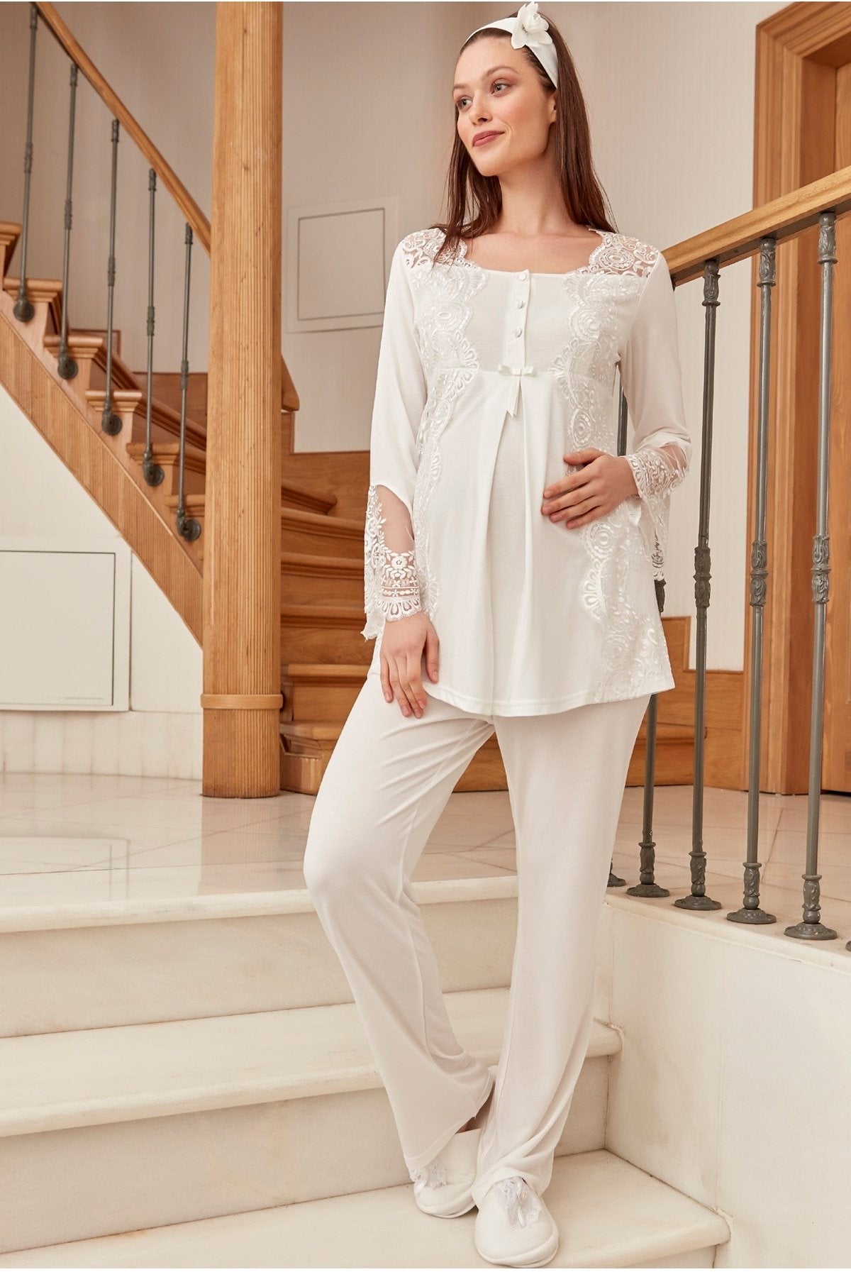 Lace Collar Maternity & Nursing Pajama Set Ecru - 5015