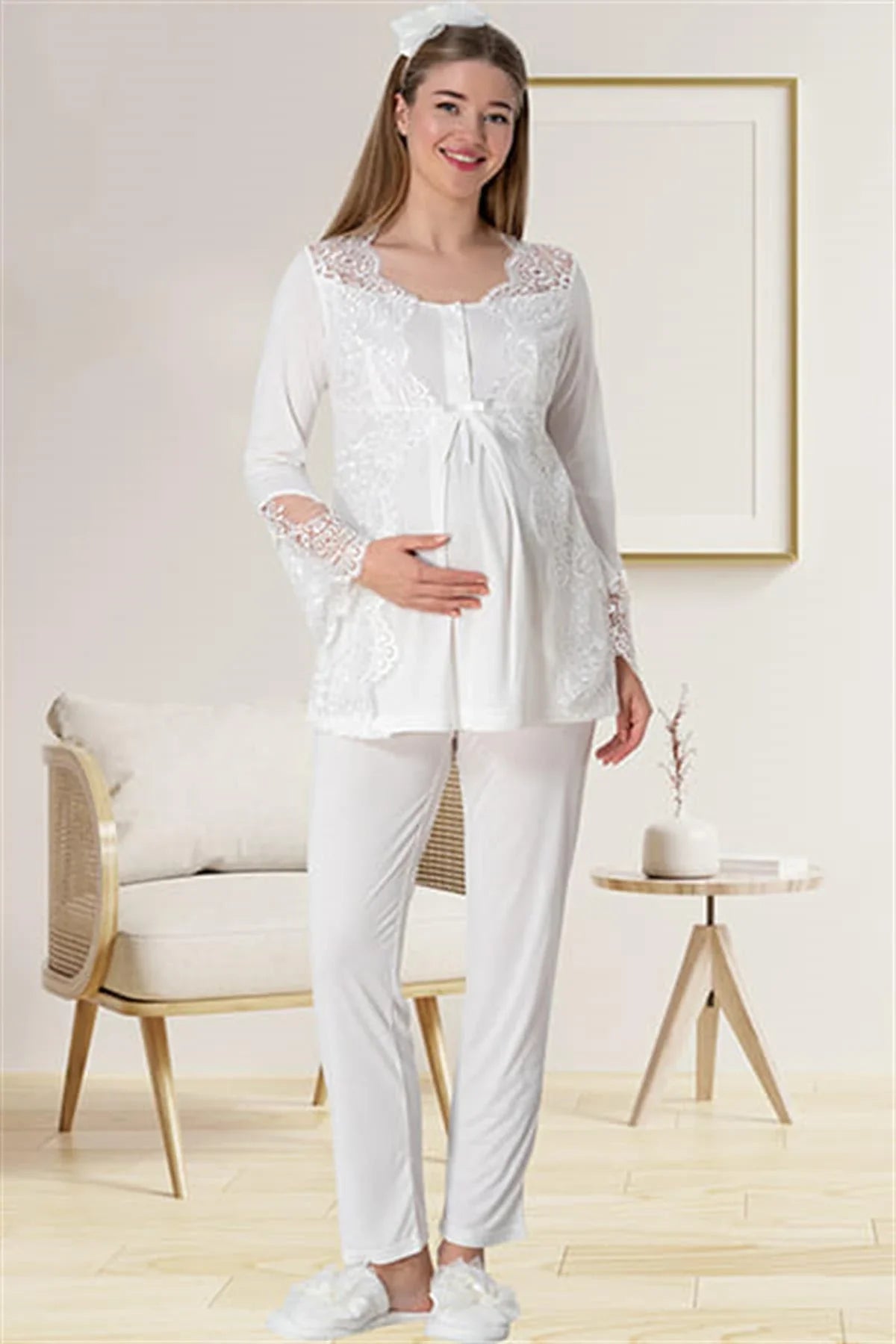 Lace Collar Maternity & Nursing Pajama Set Ecru - 5015