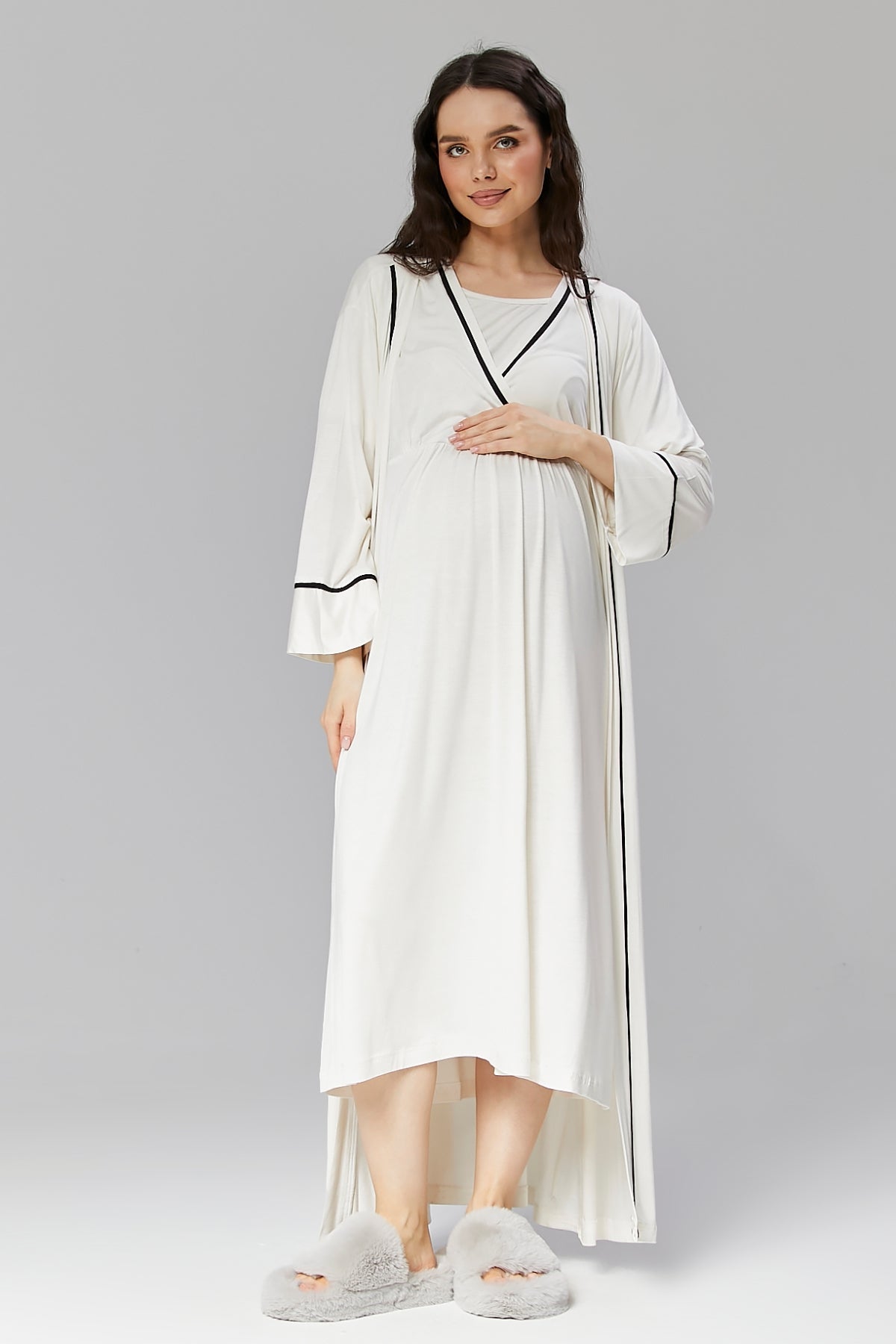 Striped Double Breasted Maternity-Nursing Nightgown & Robe Set Ecru - 505