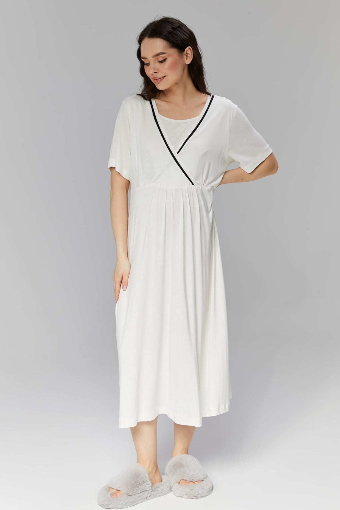 Striped Double Breasted Maternity-Nursing Nightgown & Robe Set Ecru - 505