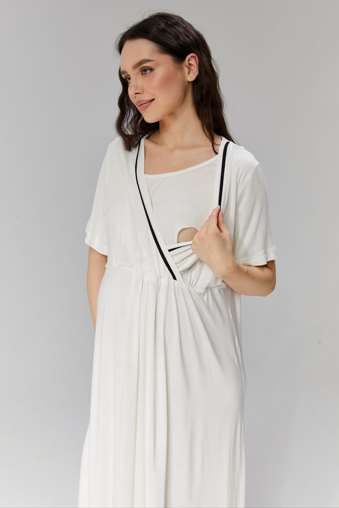 Striped Double Breasted Maternity-Nursing Nightgown & Robe Set Ecru - 505