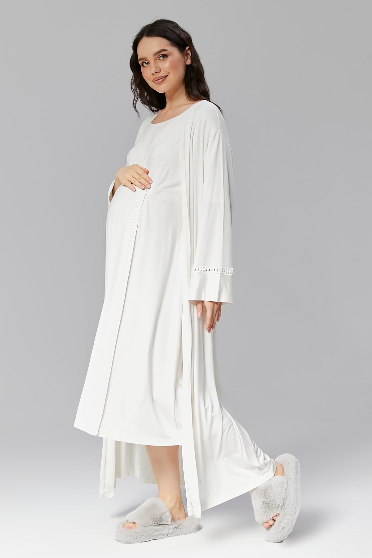 Lace Detailed Maternity-Nursing Nightgown & Robe Set Ecru