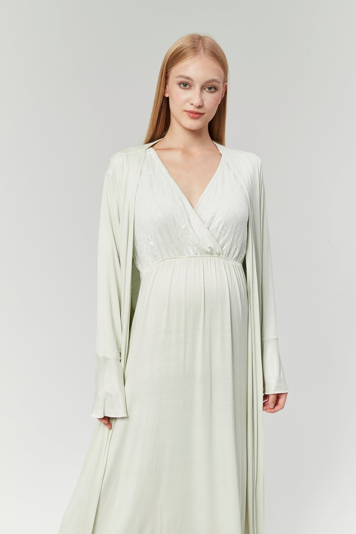 Lace Collar Double Breasted Maternity-Nursing Nightgown & Flywheel Arm Robe Set Mint - 525