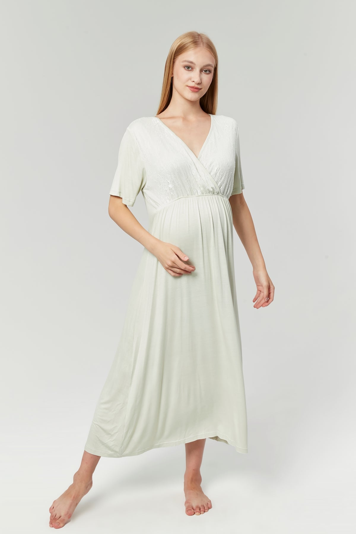 Lace Collar Double Breasted Maternity-Nursing Nightgown & Flywheel Arm Robe Set Mint - 525