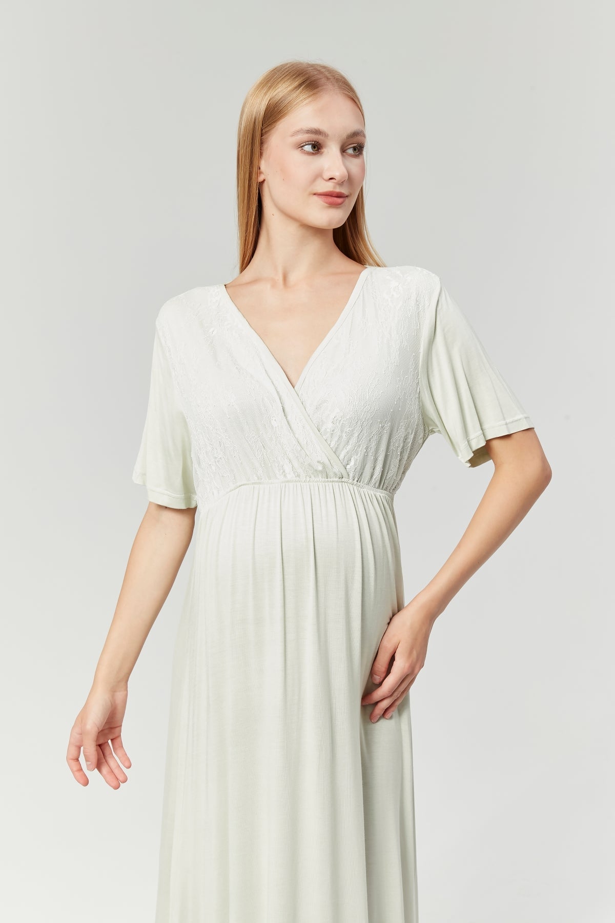 Lace Collar Double Breasted Maternity-Nursing Nightgown & Flywheel Arm Robe Set Mint - 525