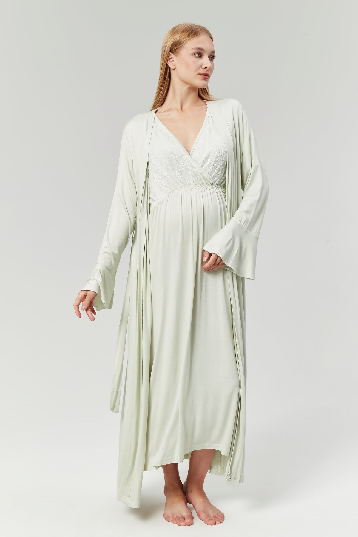 Lace Collar Double Breasted Maternity-Nursing Nightgown & Flywheel Arm Robe Set Mint - 525