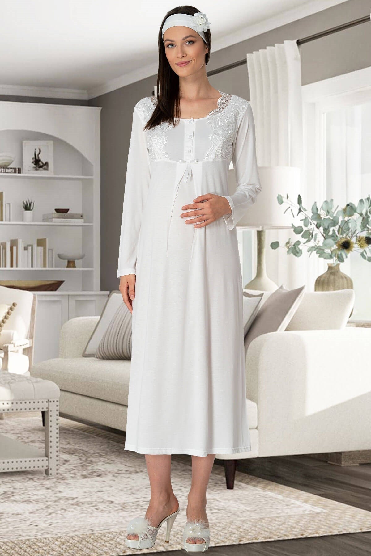 Lace Collar Maternity-Nursing Nightgown & Robe Set Ecru - 5354