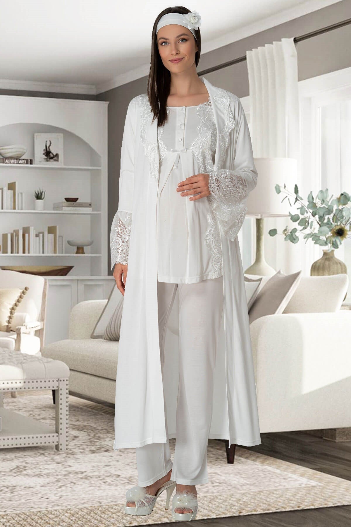 Lace Collar 3-Piece Maternity-Nursing Pajama & Robe Set Ecru - 5353