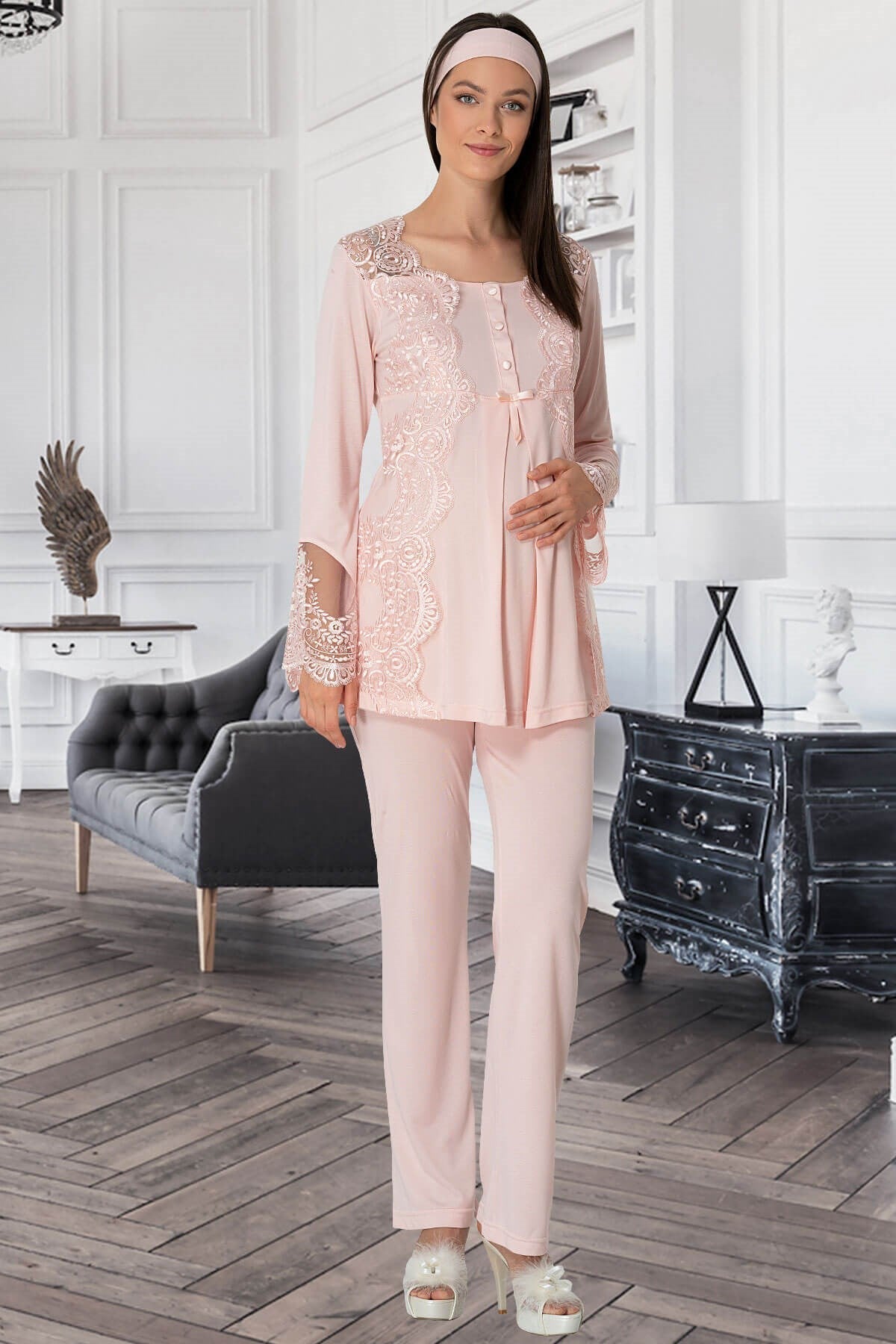 Lace Collar 3-Piece Maternity-Nursing Pajama & Robe Set Powder - 5353