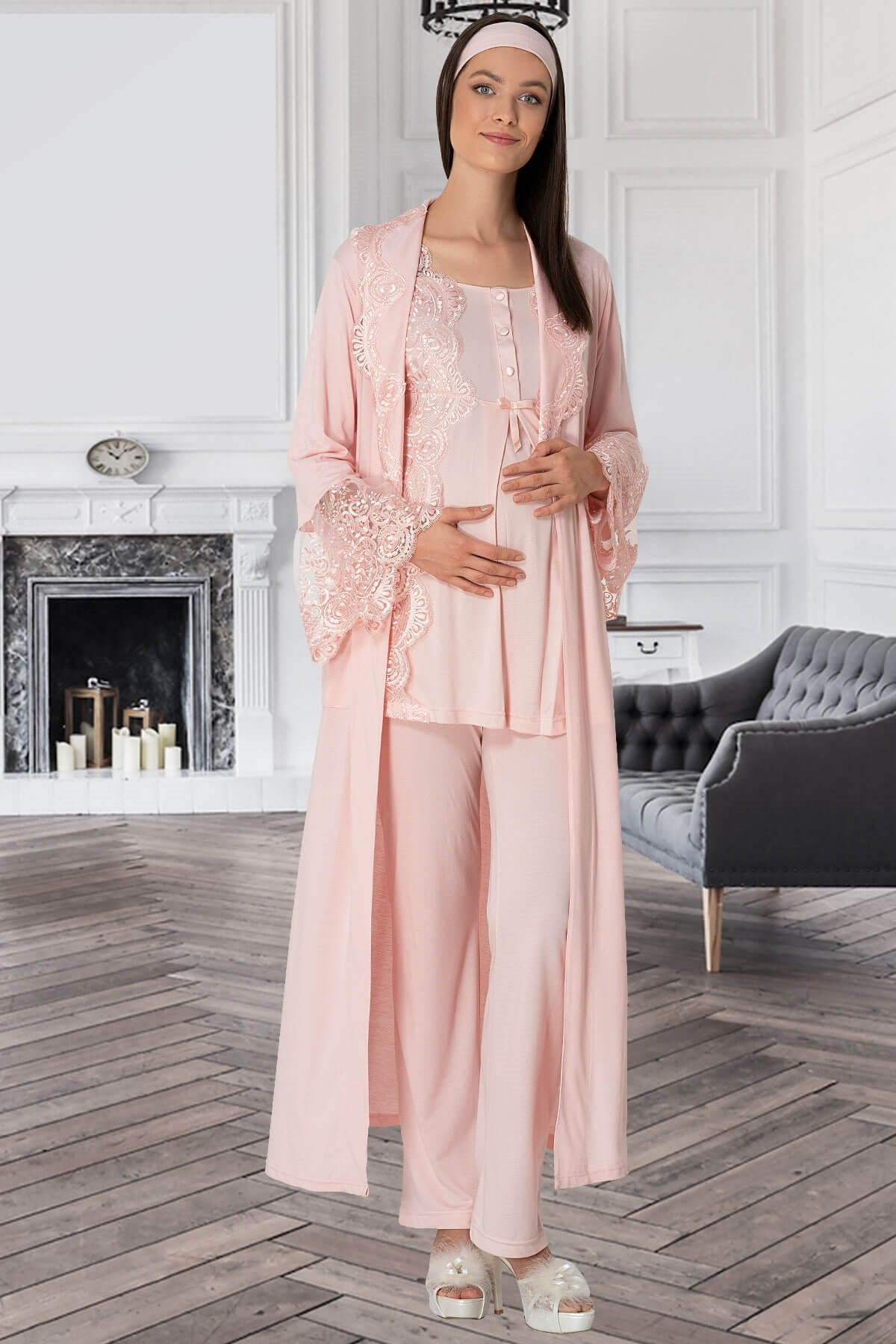 Lace Collar 3-Piece Maternity-Nursing Pajama & Robe Set Powder - 5353