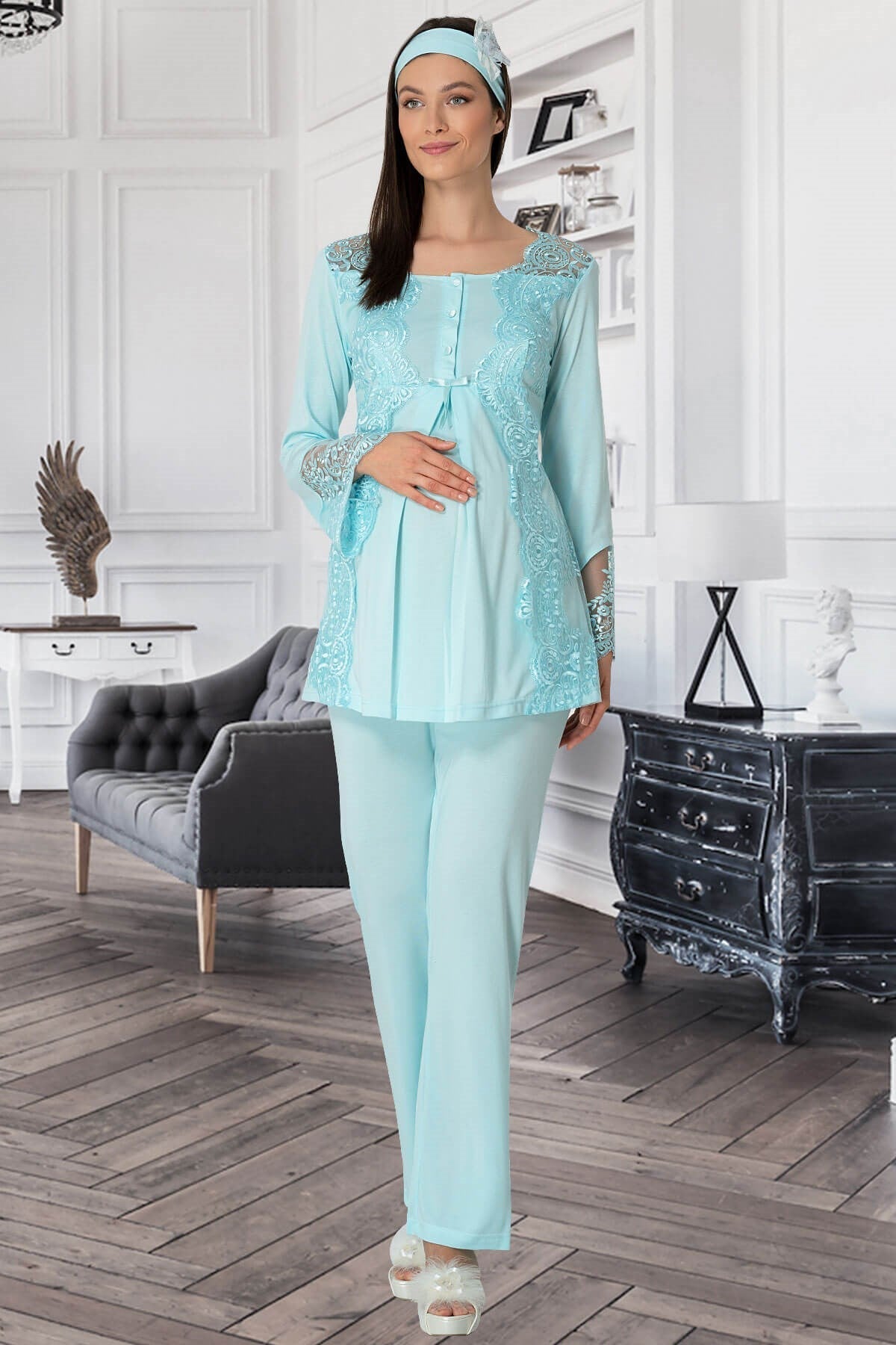 Lace Collar 4 Piece Maternity-Nursing Set Turquoise - 5355