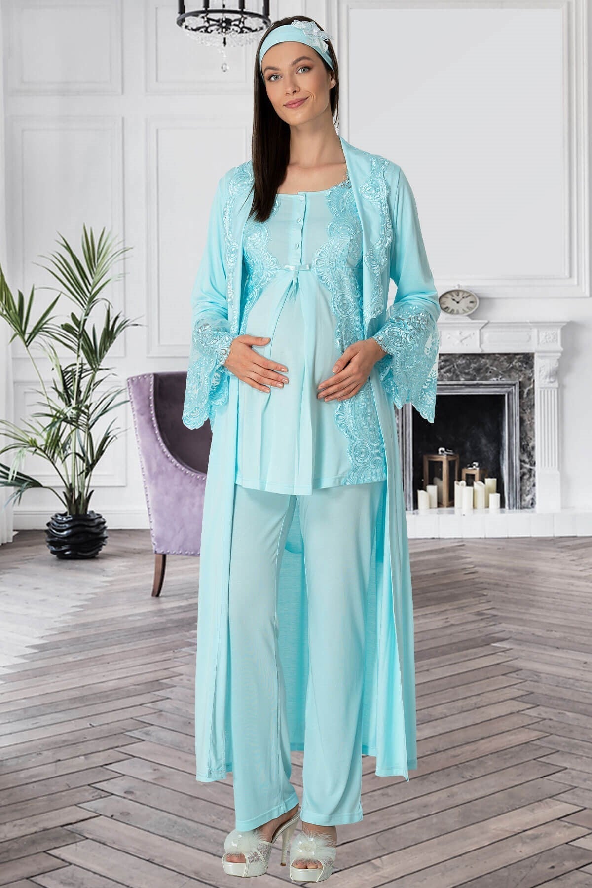 Lace Collar 3-Piece Maternity-Nursing Pajama & Robe Set Turquoise - 5353