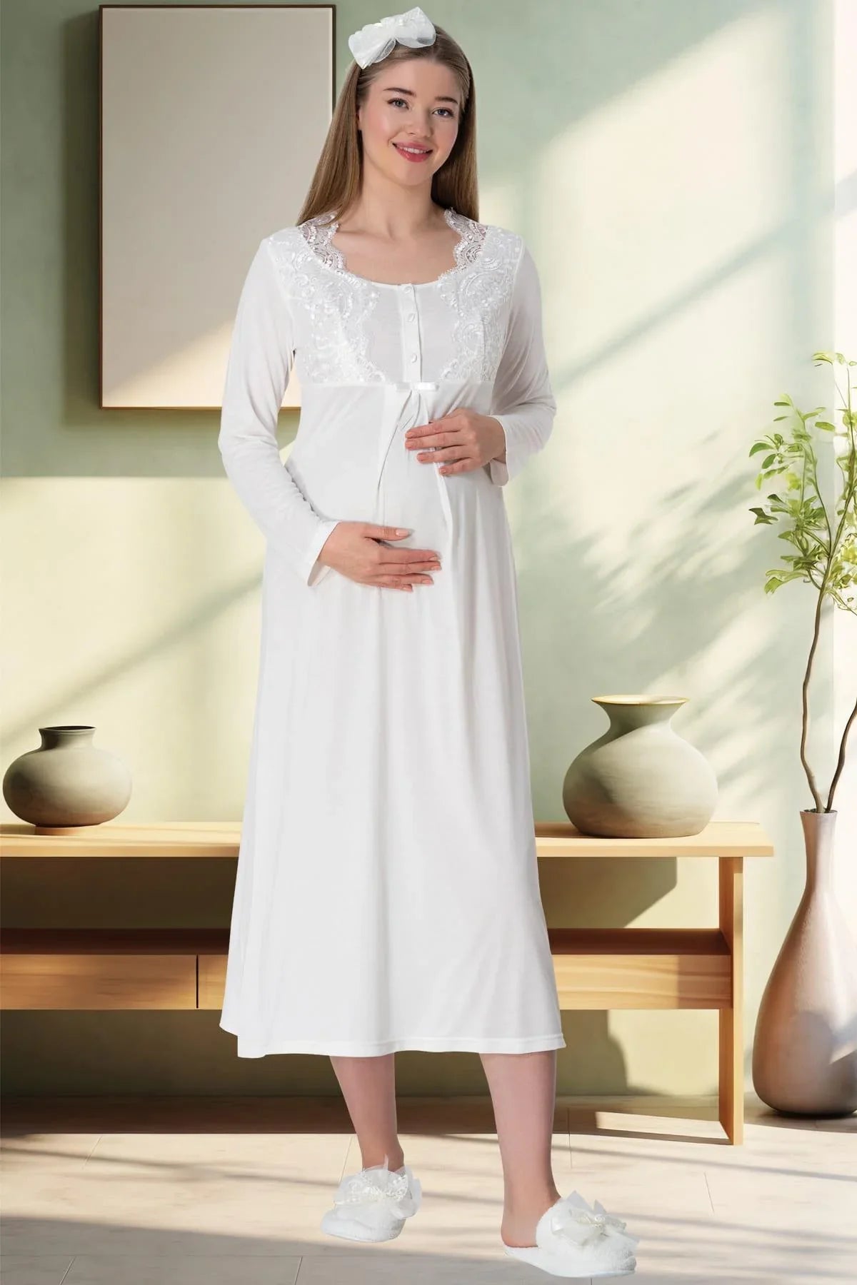 Lace Collar Maternity-Nursing Nightgown & Robe Set Ecru - 5354