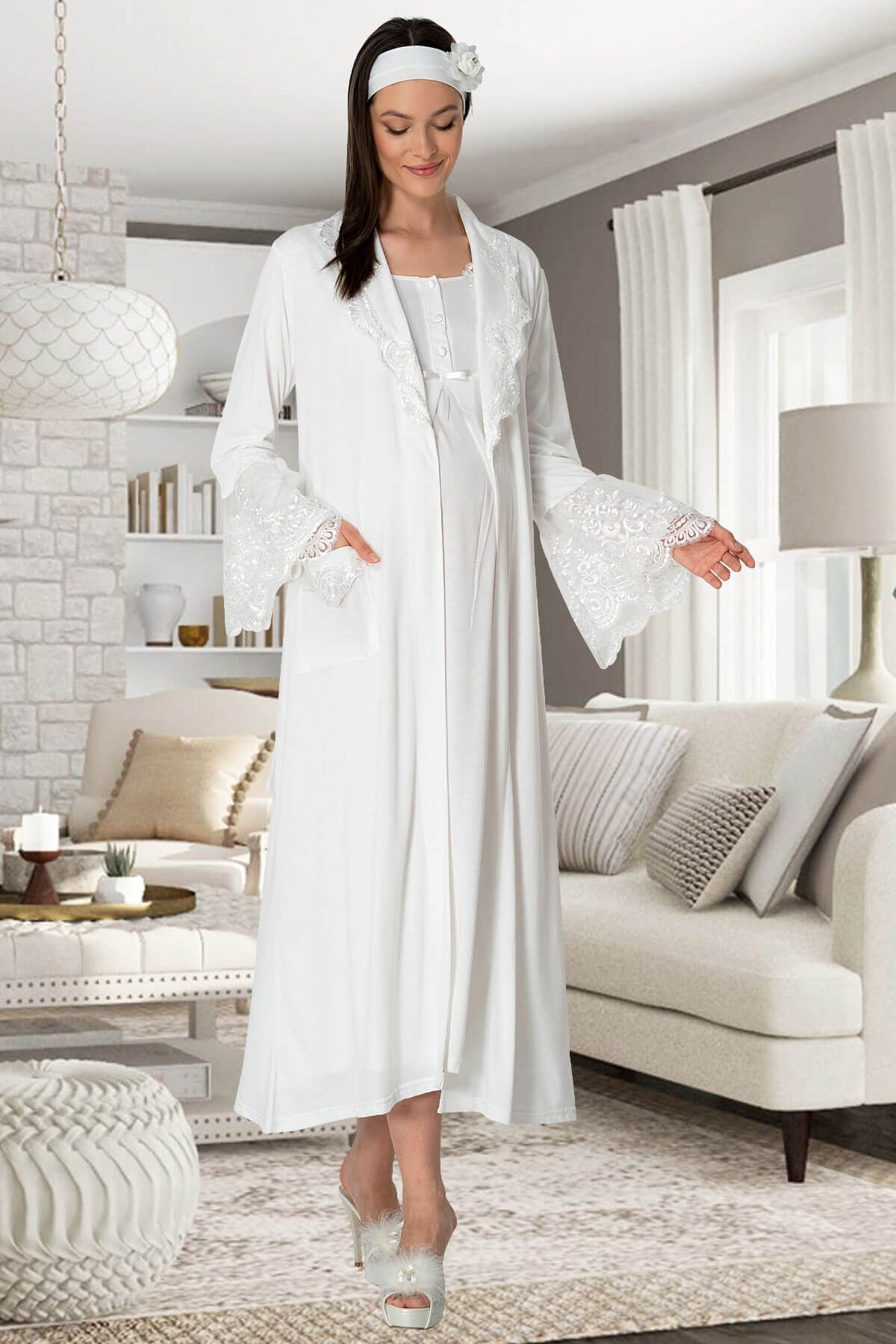 Lace Collar Maternity-Nursing Nightgown & Robe Set Ecru - 5354