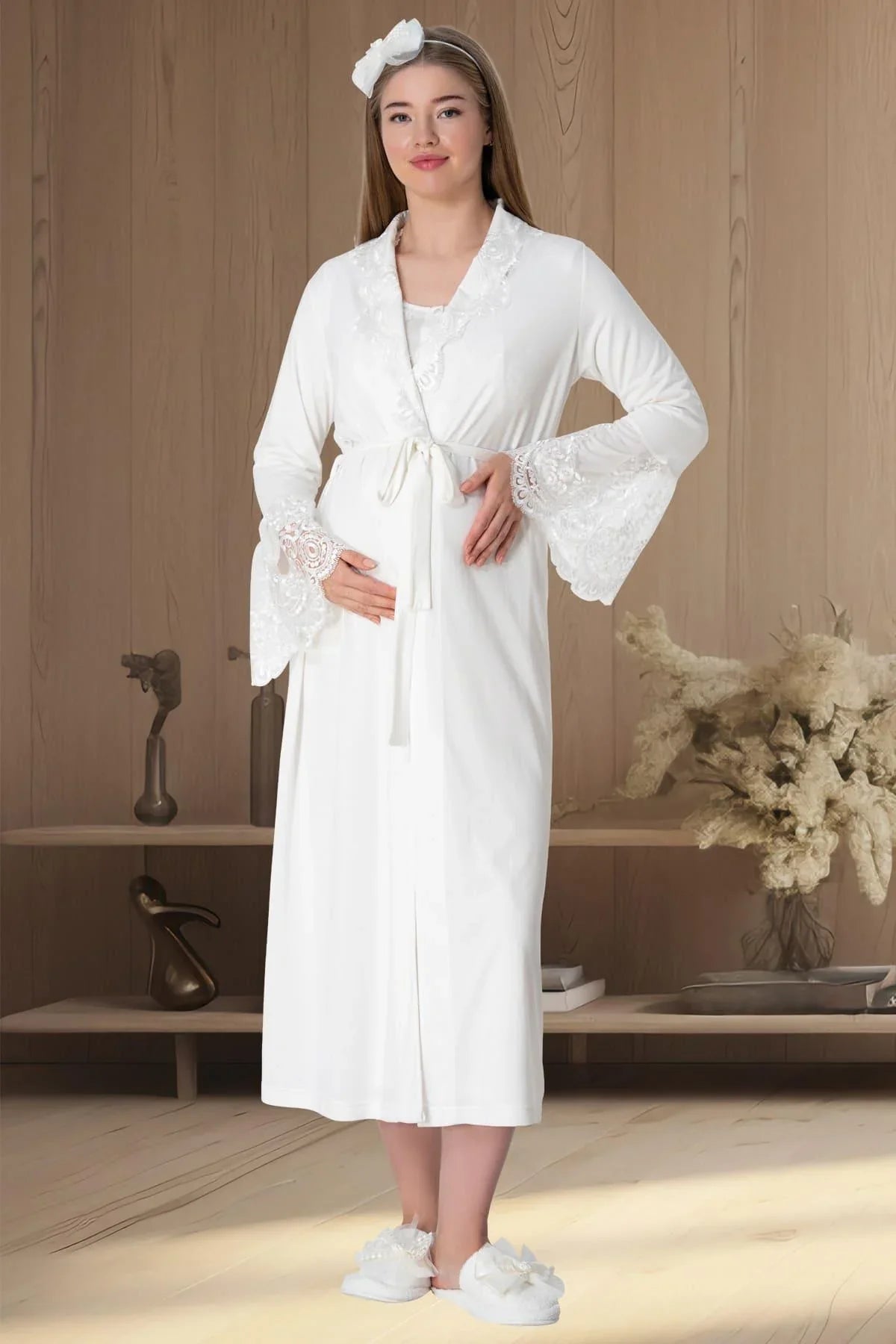 Lace Collar Maternity-Nursing Nightgown & Robe Set Ecru - 5354