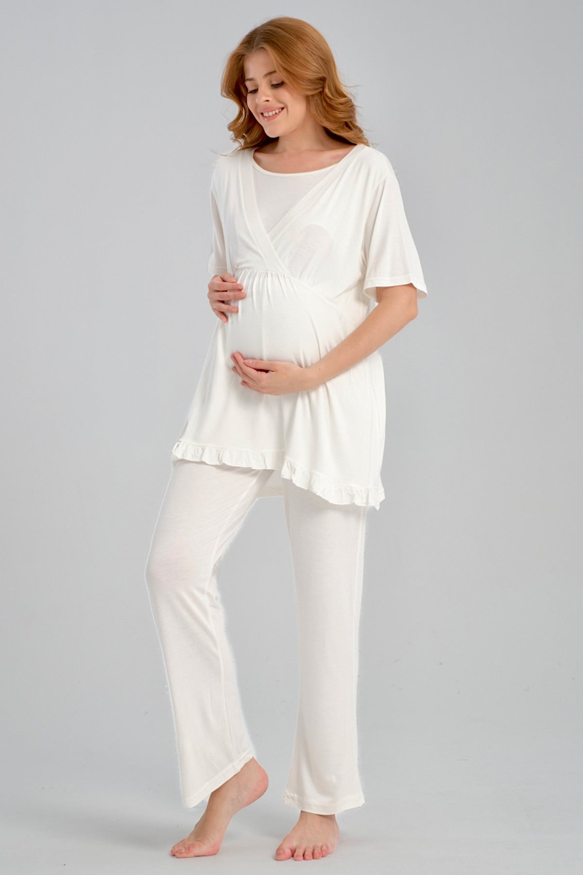 Jacquard 3-Piece Maternity-Nursing Pajama & Flywheel Arm Robe Set Ecru - 540