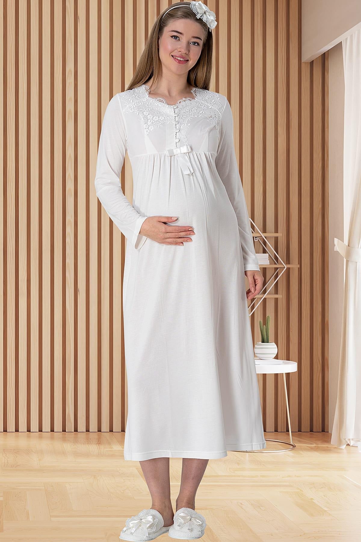 Elegant Lace Maternity-Nursing Nightgown & Robe Set Ecru - 5417