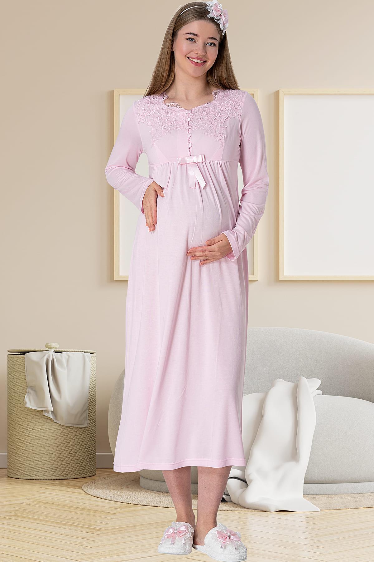 Elegant Lace Maternity-Nursing Nightgown & Robe Set Pink - 5417