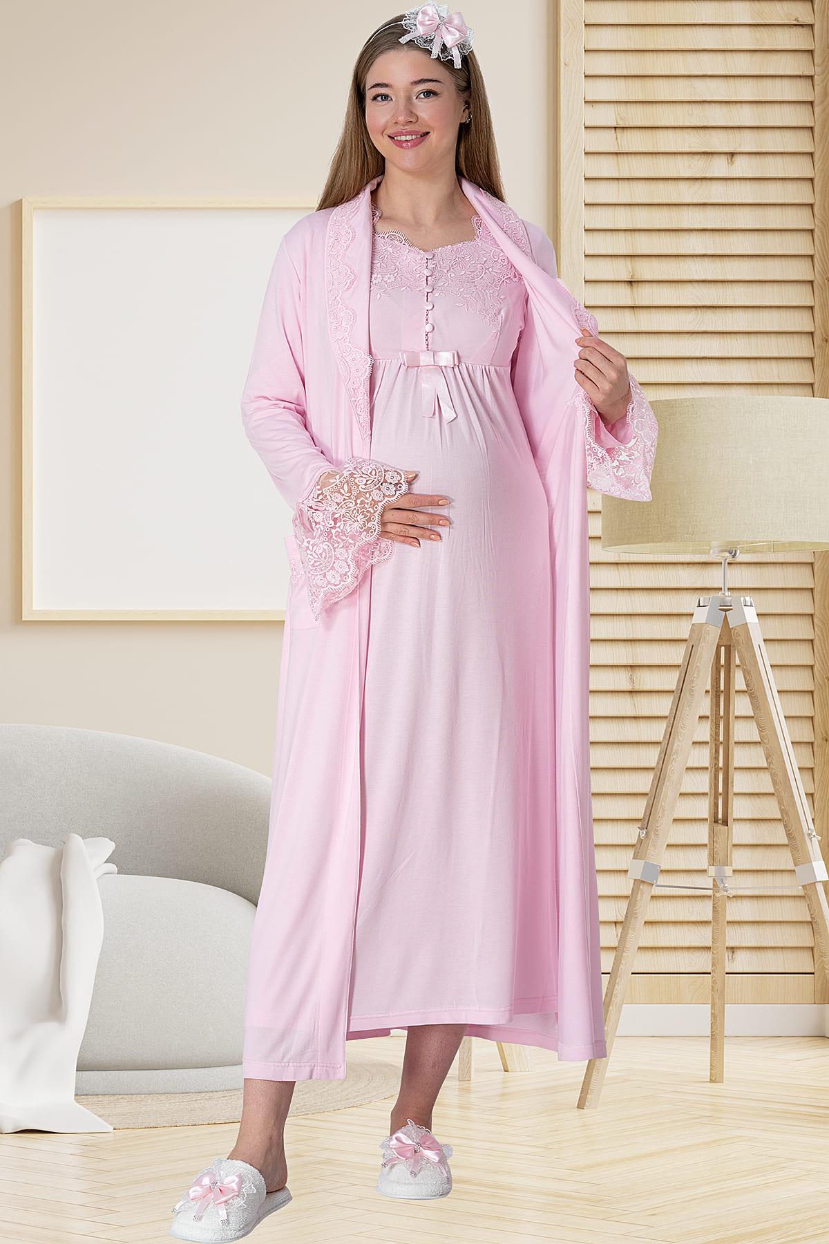 Elegant Lace Maternity-Nursing Nightgown & Robe Set Pink - 5417