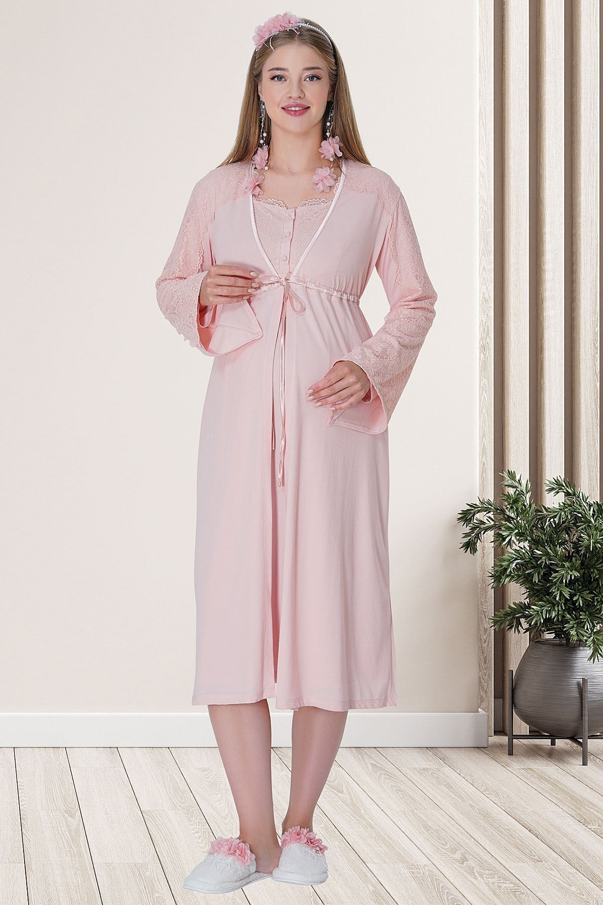 Lace Embroidered Maternity Nursing Nightgown With Robe Powder 5715