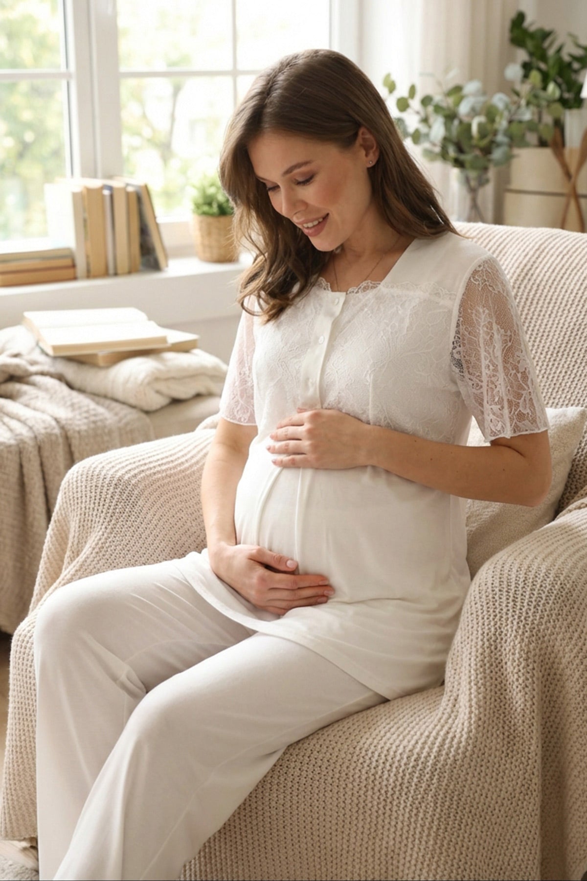 Lace Sleeve 3-Piece Maternity-Nursing Pajama & Robe Set Ecru - 577