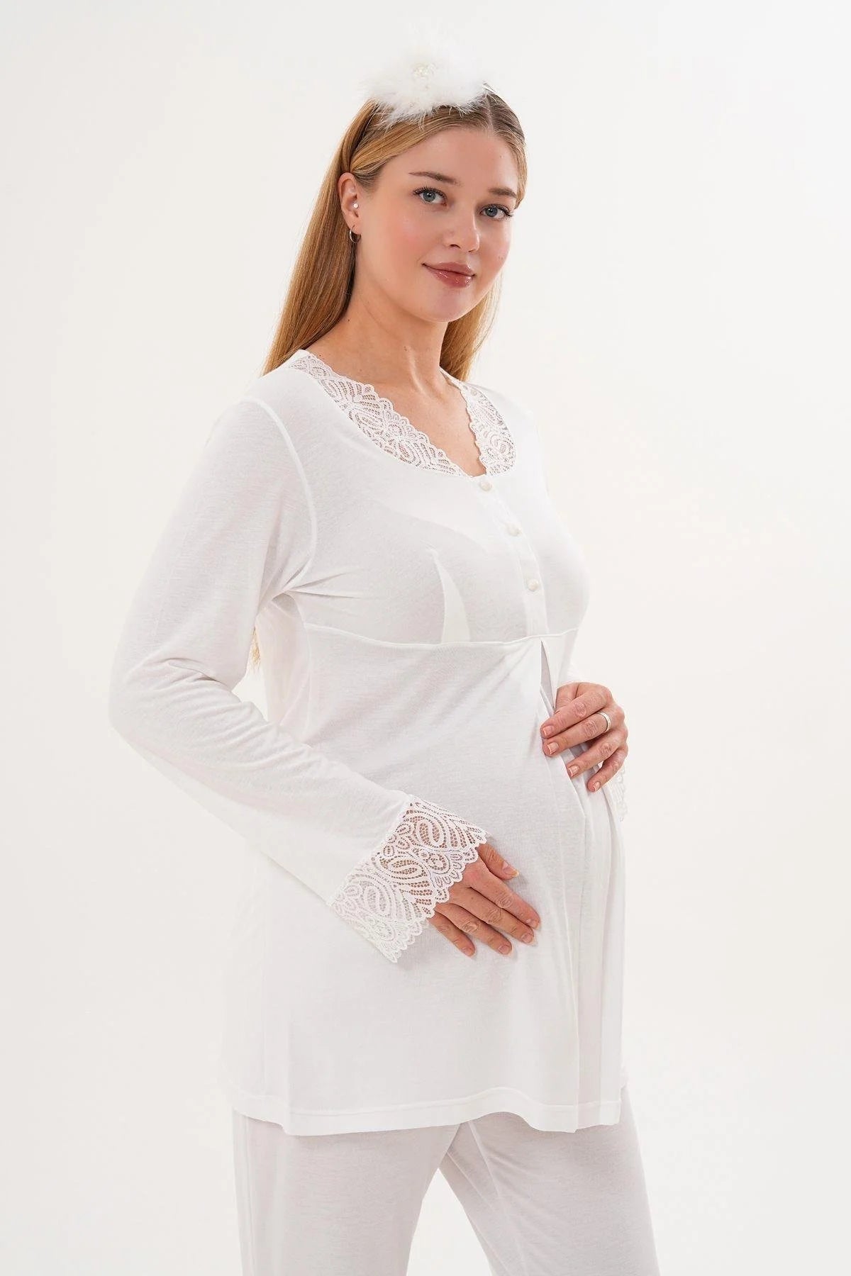 Lace Sleeve and Collar 3-Piece Maternity-Nursing Pajama & Lace Sleeve Robe Set Ecru - 6330