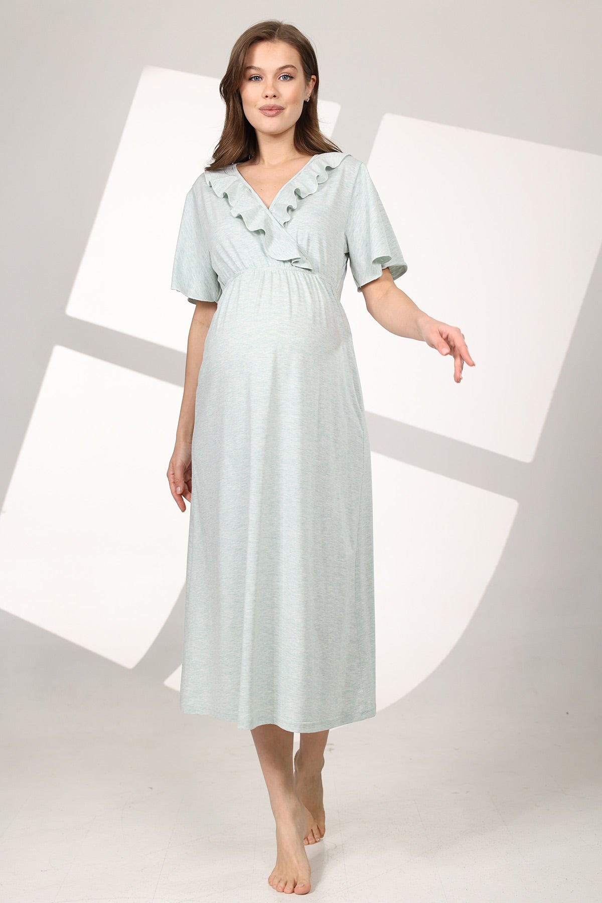 Pleated Breastfeeding Detailed Maternity-Nursing Nightgown & Flywheel Arm Robe Set Green - 590