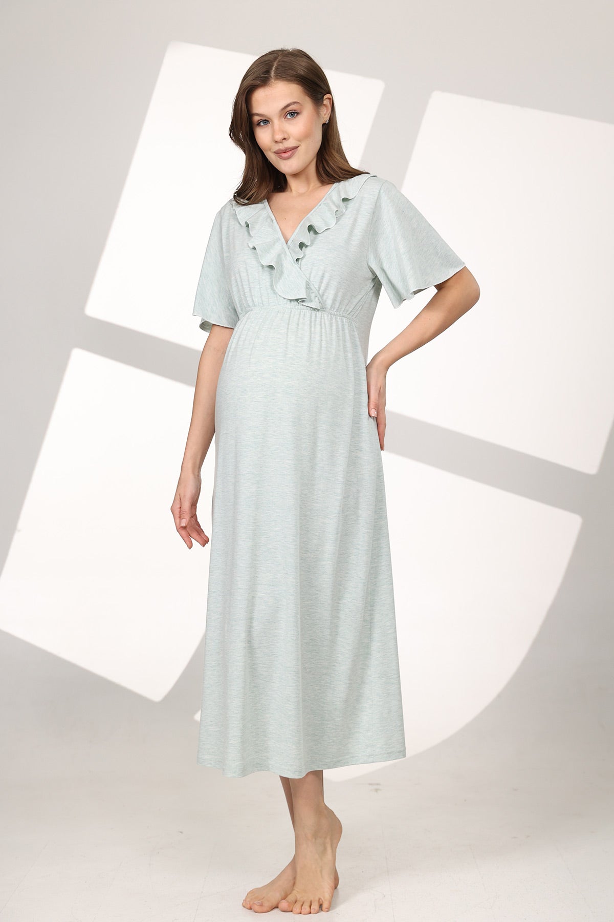 Pleated Breastfeeding Detailed Maternity-Nursing Nightgown & Flywheel Arm Robe Set Green - 590