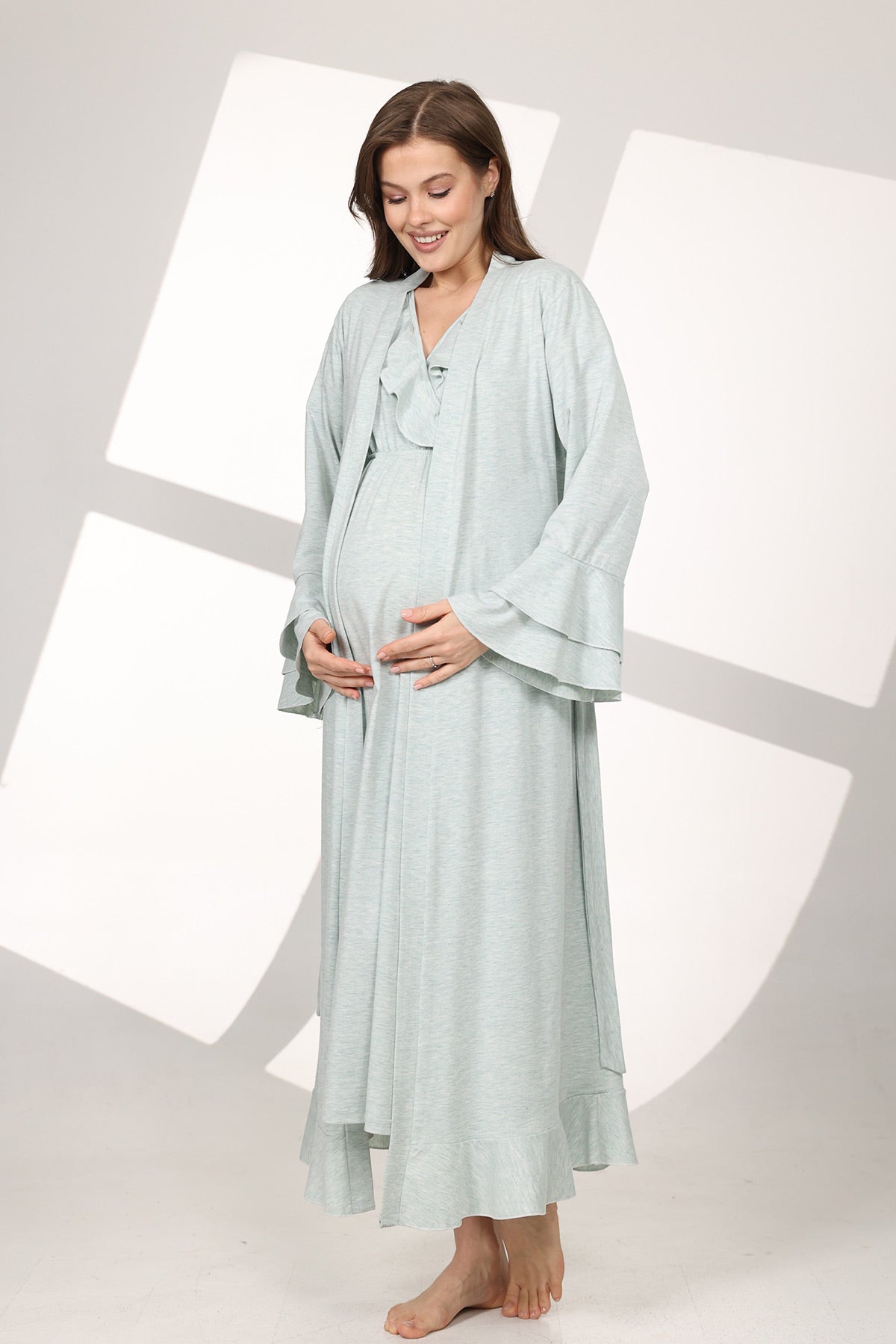 Pleated Breastfeeding Detailed Maternity-Nursing Nightgown & Flywheel Arm Robe Set Green - 590
